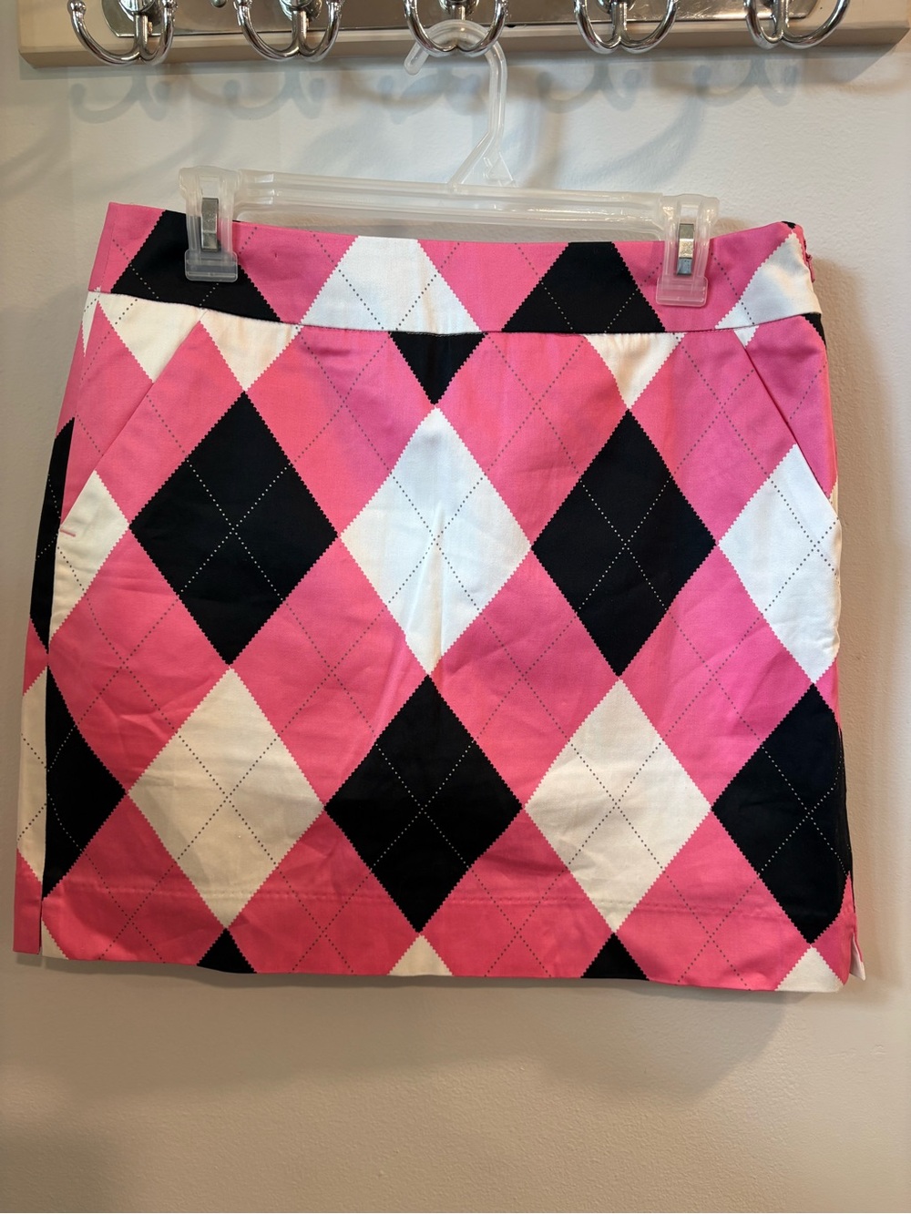 LoudMouth Ladies Golf Pink Argyle Mini Skort  with Black & White Diamonds